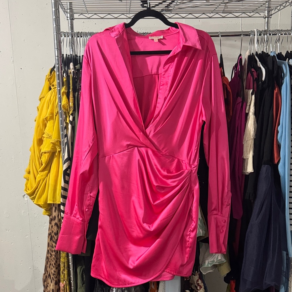 Luxxel Hot Pink Satin Wrap-Style Tunic Top